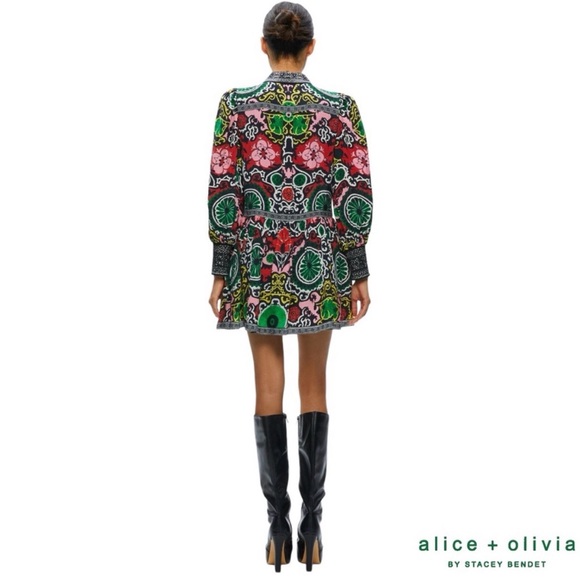 Alice + Olivia Bertha Blouson Sleeve Mini Dress in Monarch Black Print - Picture 4 of 8